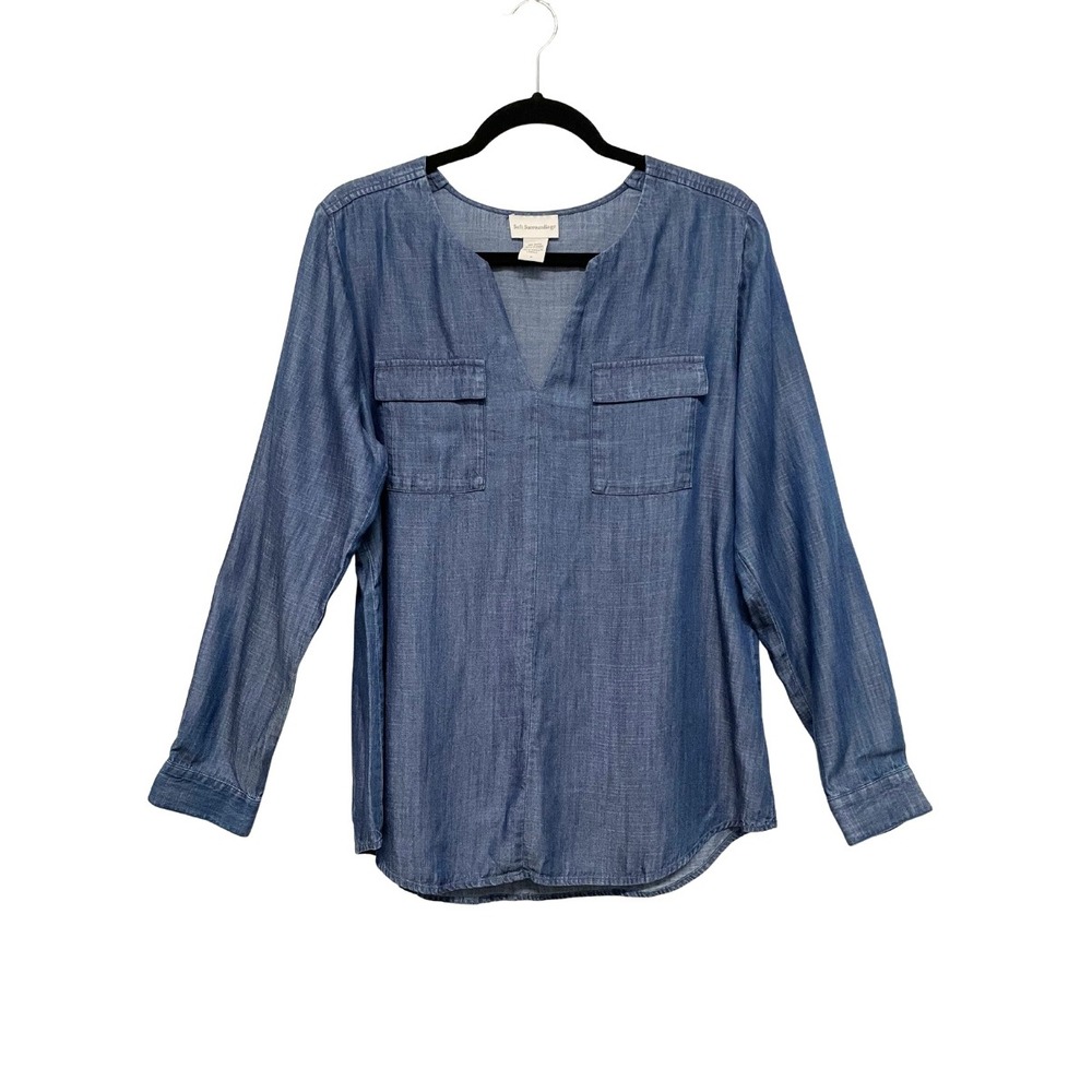 Soft Surroundings Tencel Lyocell Chambrey Blue Denim Long‎ Sleeve Blouse Shirt